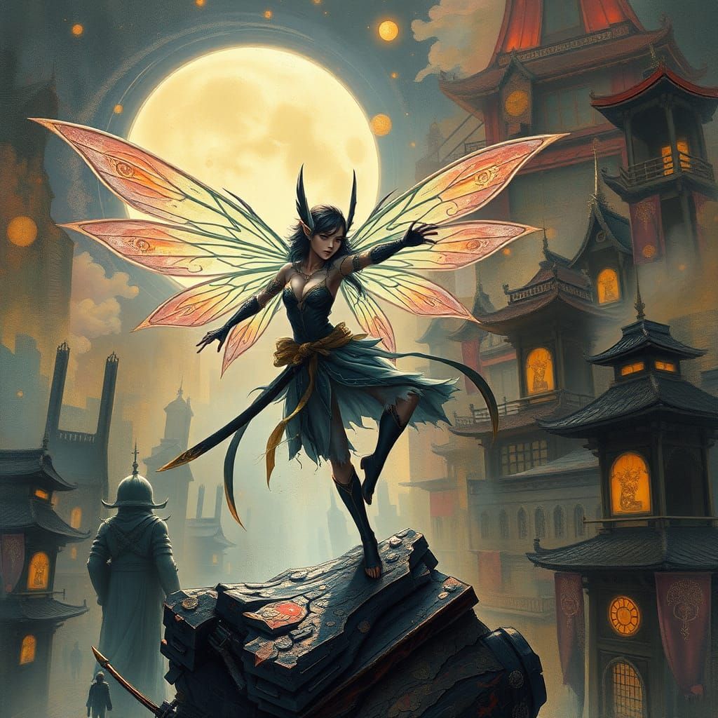 Fairy Elf Samurai in Dystopian Cityscape