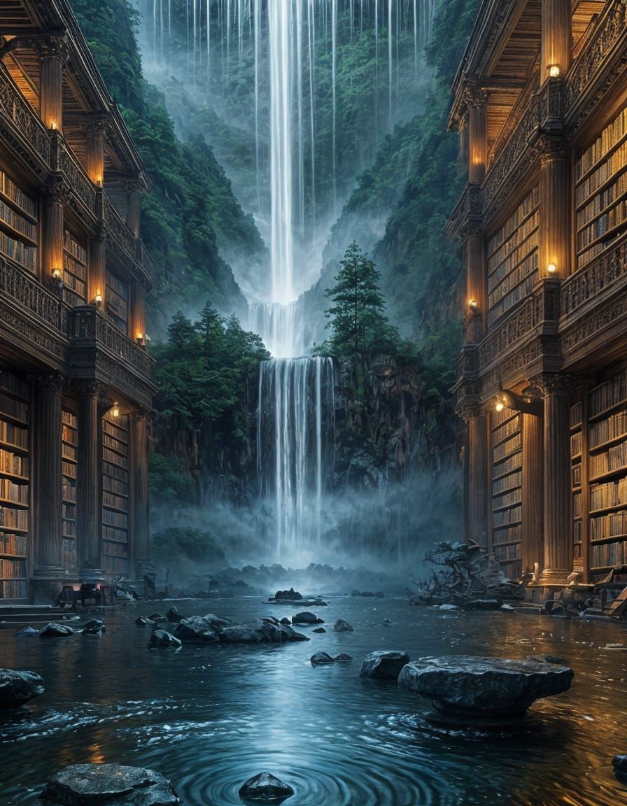 Waterfall in Library: Epic Digital Matte Painting