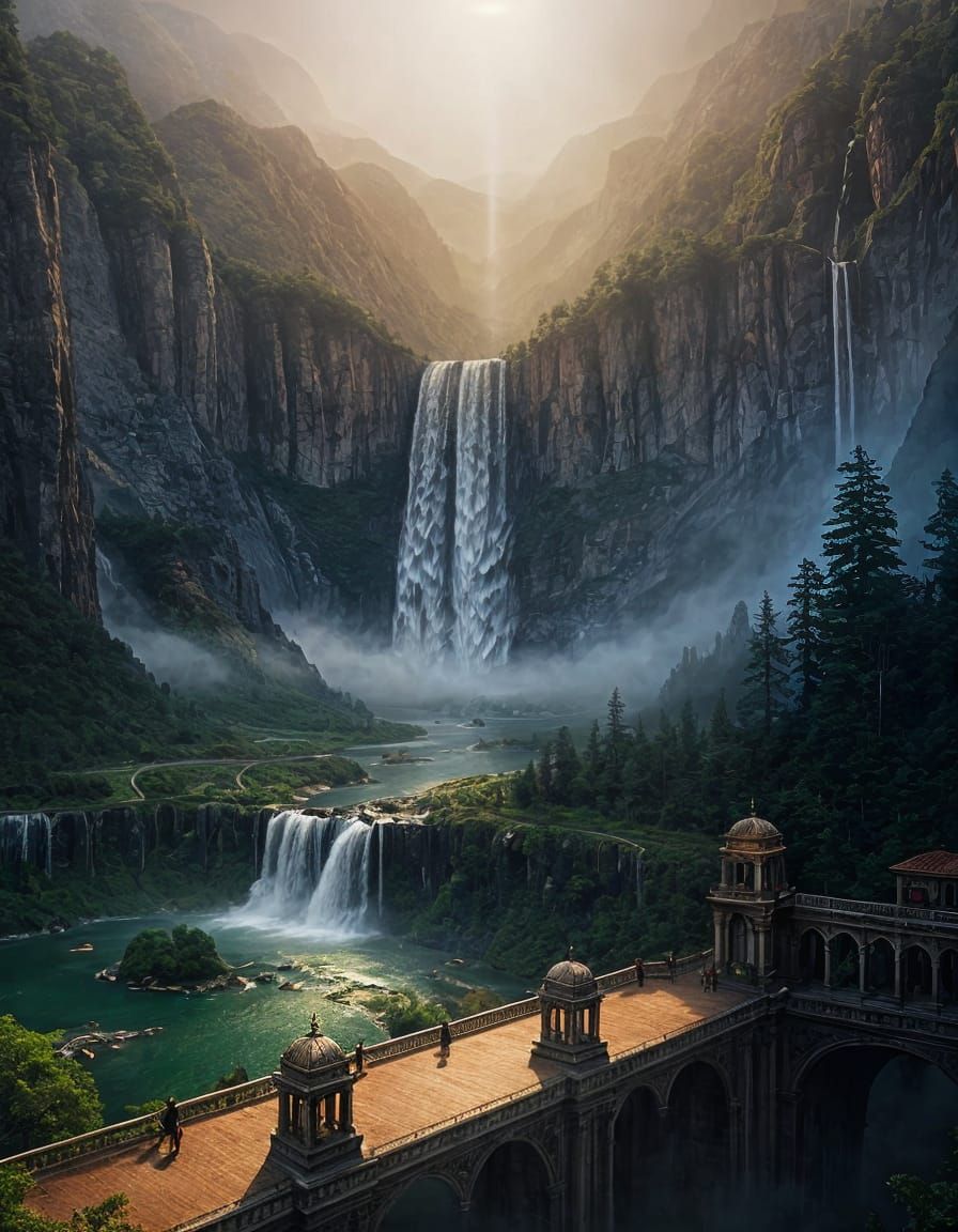 Waterfall Inside Library Bookshelf: Digital Matte Painting