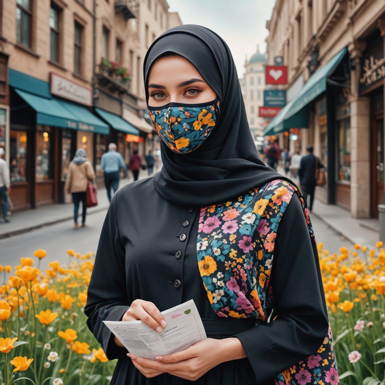 Woman in Hijab with Heart Sign, Watercolor Illustration