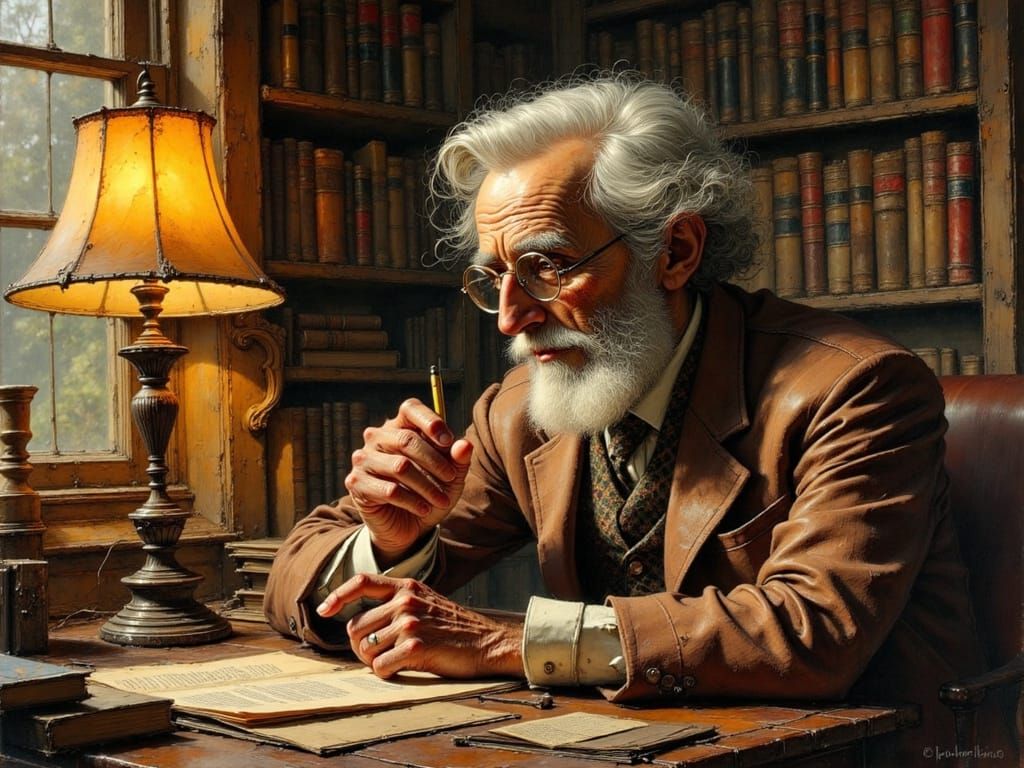 Wise Scholar Explains Theory in Cozy Study Oil Painting
