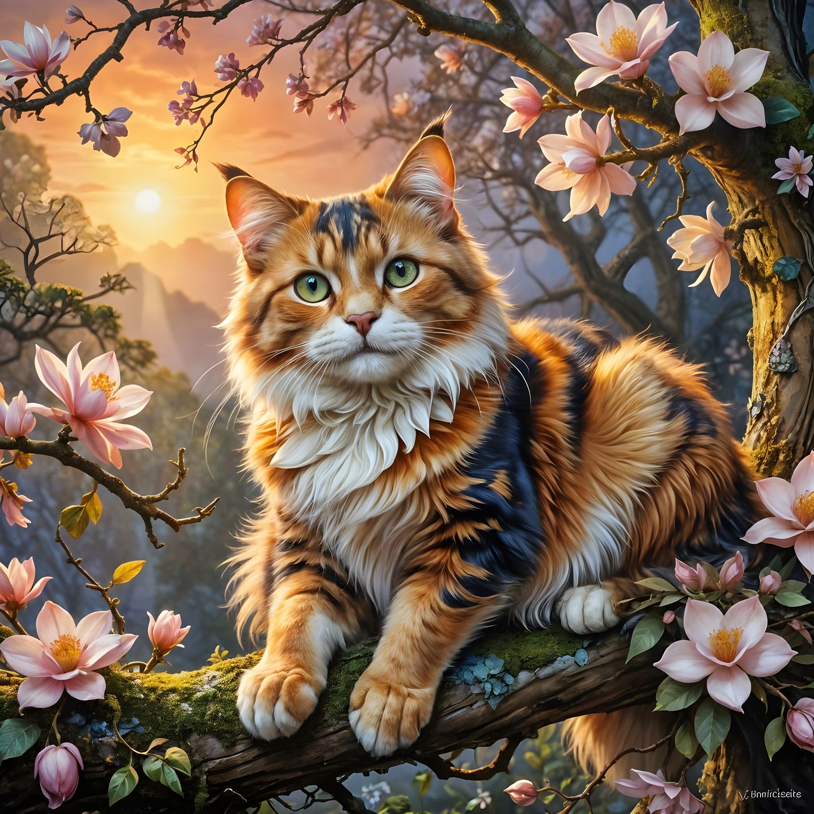 Elegant Calico Cat Lays on a Mossy Magnolia Branch