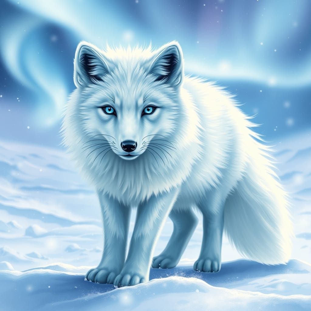 A majestic arctic fox with "Bright Blue Eyes" standing in a shimmering snowy landscape, its thick white fur glistening u...
