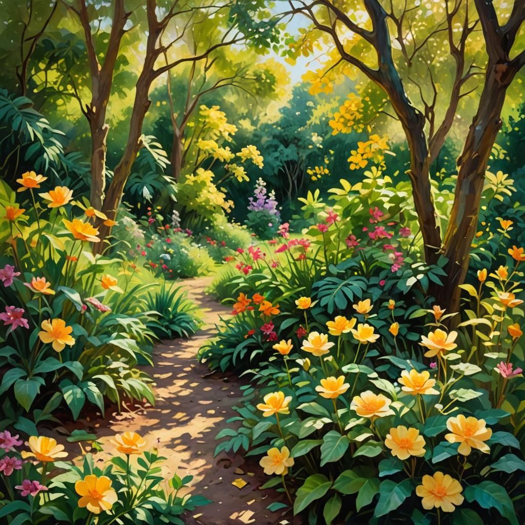 Impressionist Garden with Exotic Blooms in Oil Painting