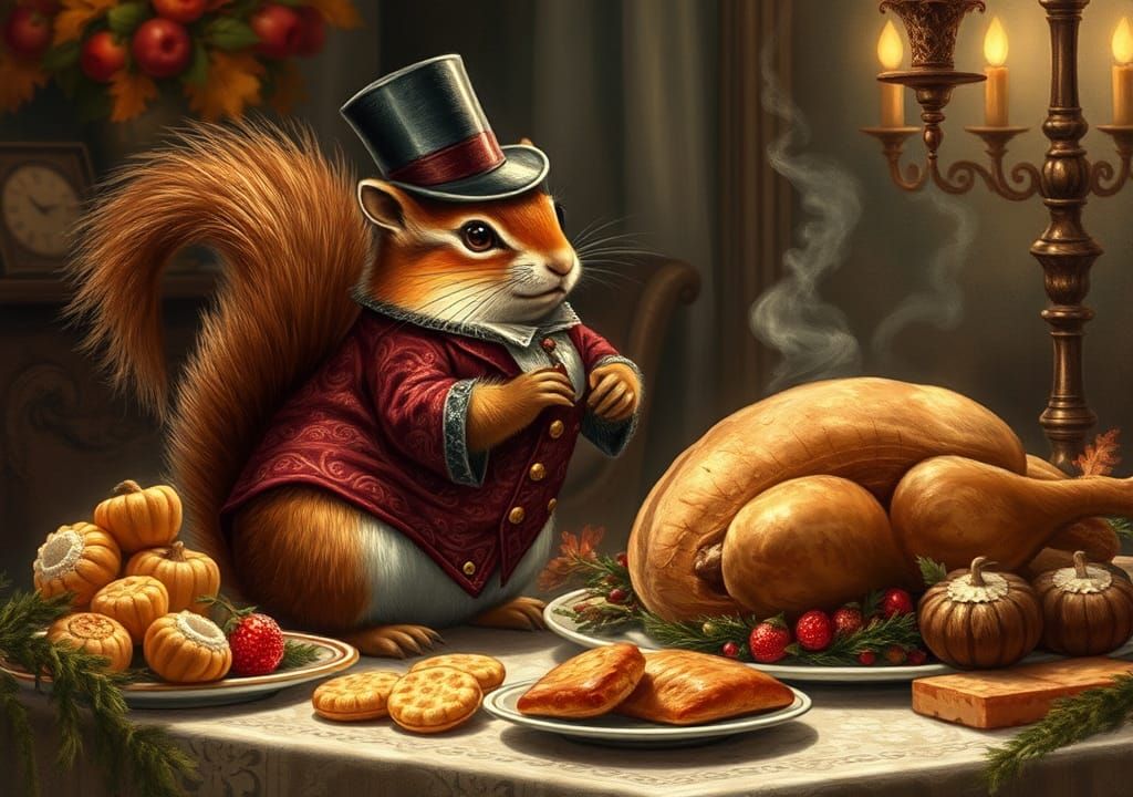 Victorian Chipmunk Thanksgiving Feast in Storybook Style