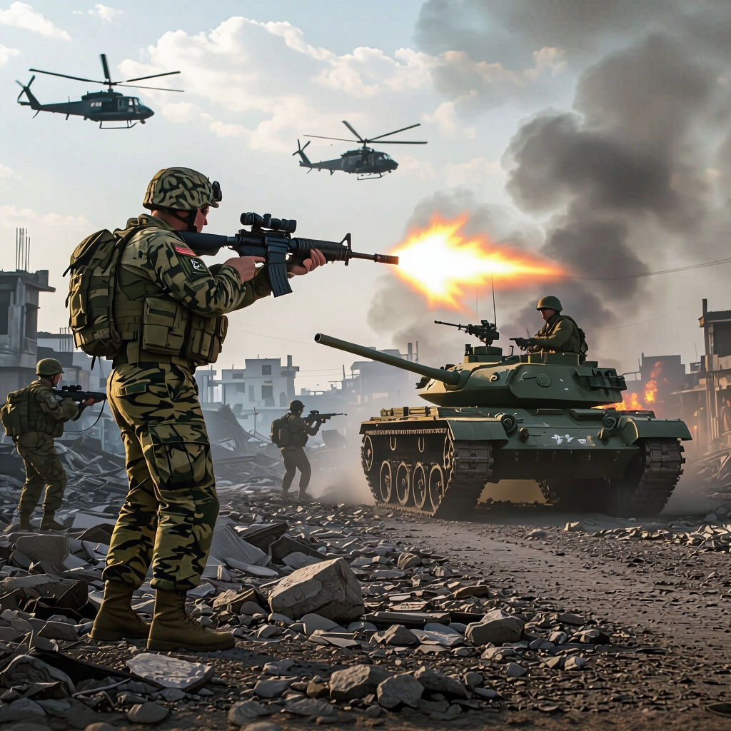 US Soldier Engages Tank in Vietnam War Film Still