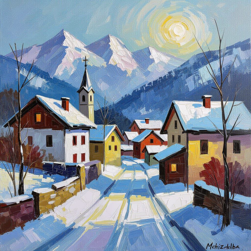 Wintry Mountain Village Neo-Impressionist Oil Painting