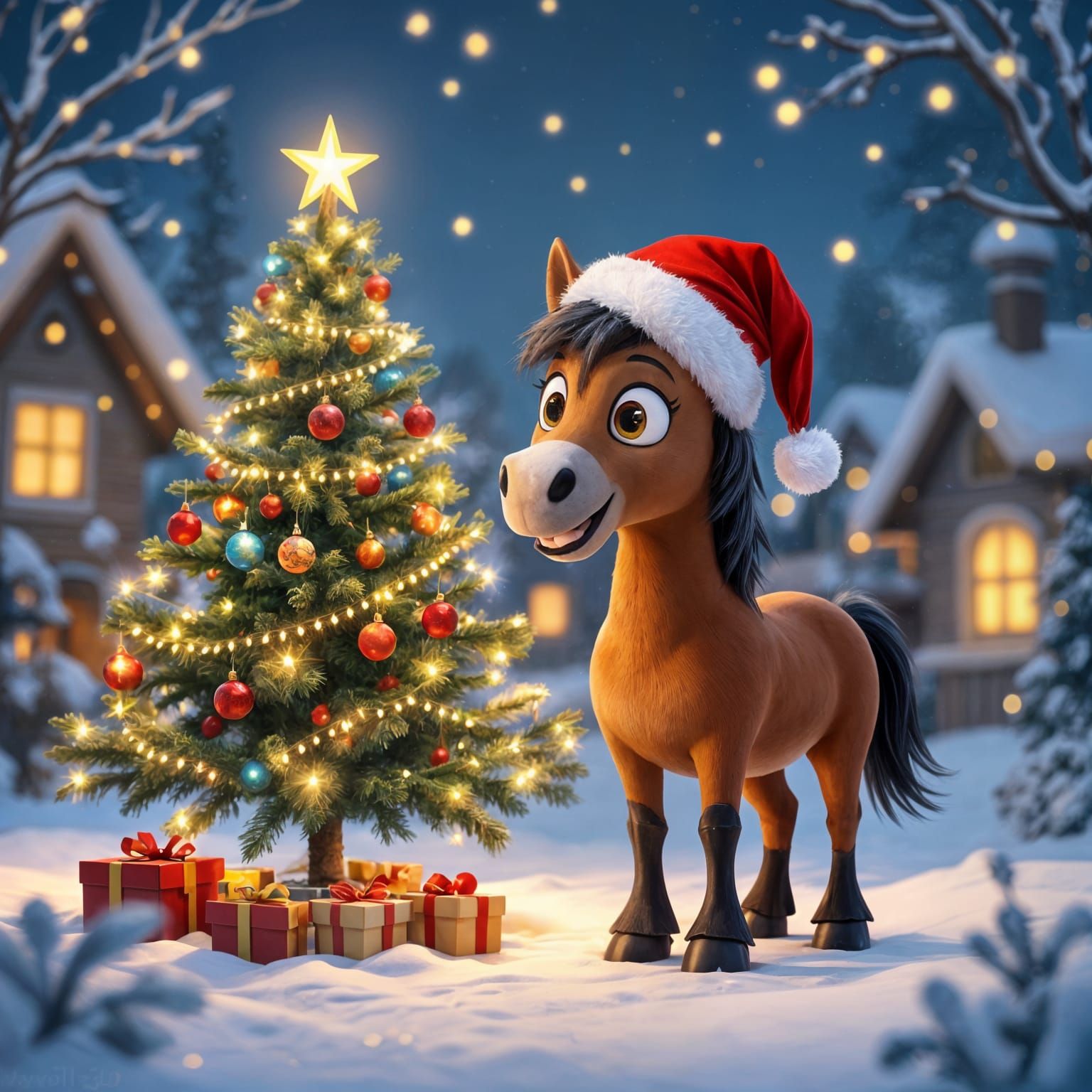 Cartoon 3D Horse Wearing Hat Near Christmas Tree