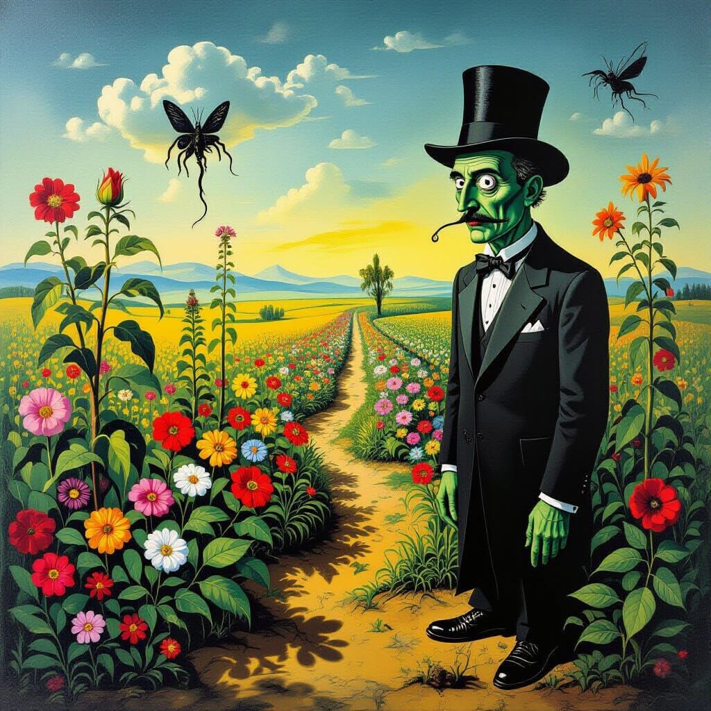 Creepy Surrealist Garden in Melting Oil on Canvas