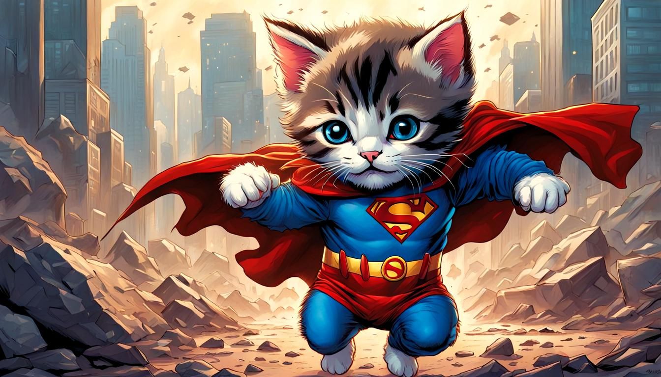 Kitten as Superman Comic Book Art