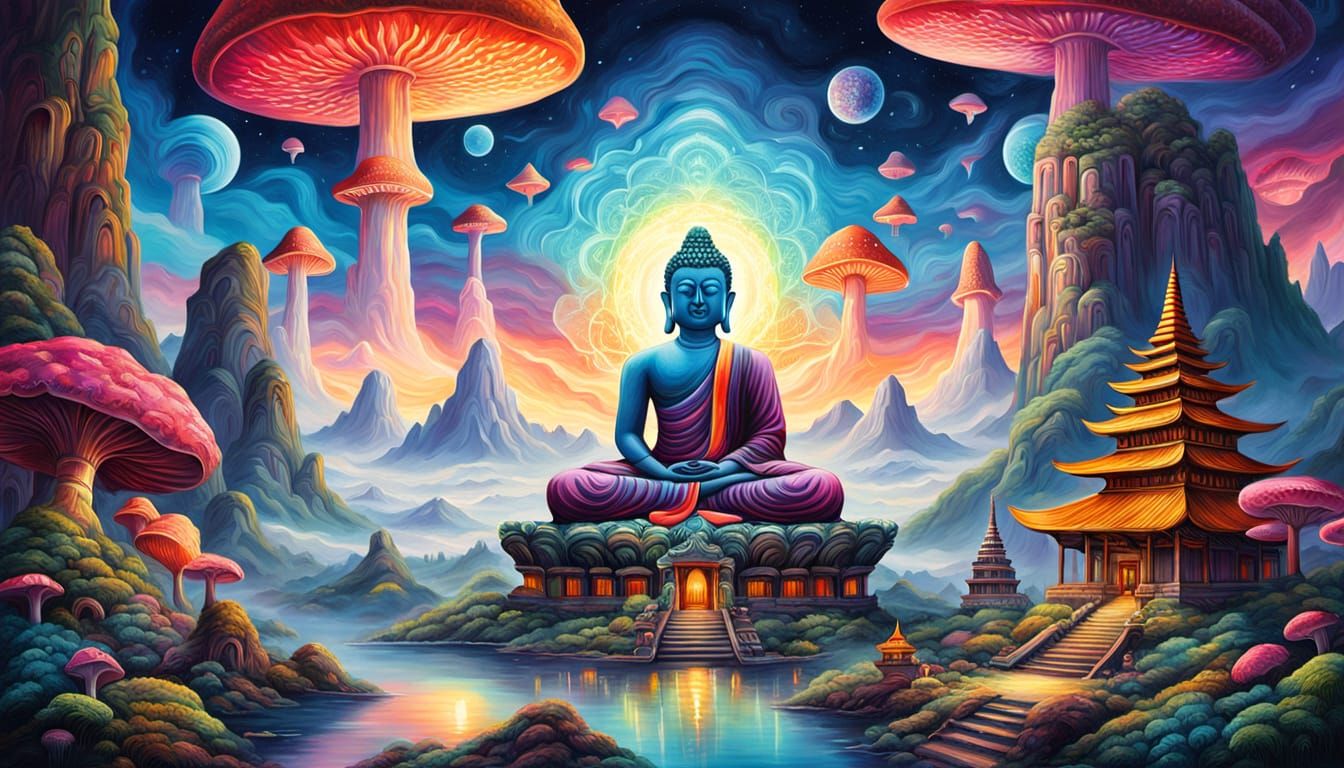 Spiritual Buddha Meditating Above Ancient Temple Amidst Cosm...