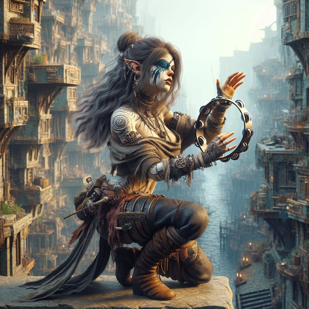 Hyperrealistic Orc Bard in Waterdeep-Inspired Cityscape