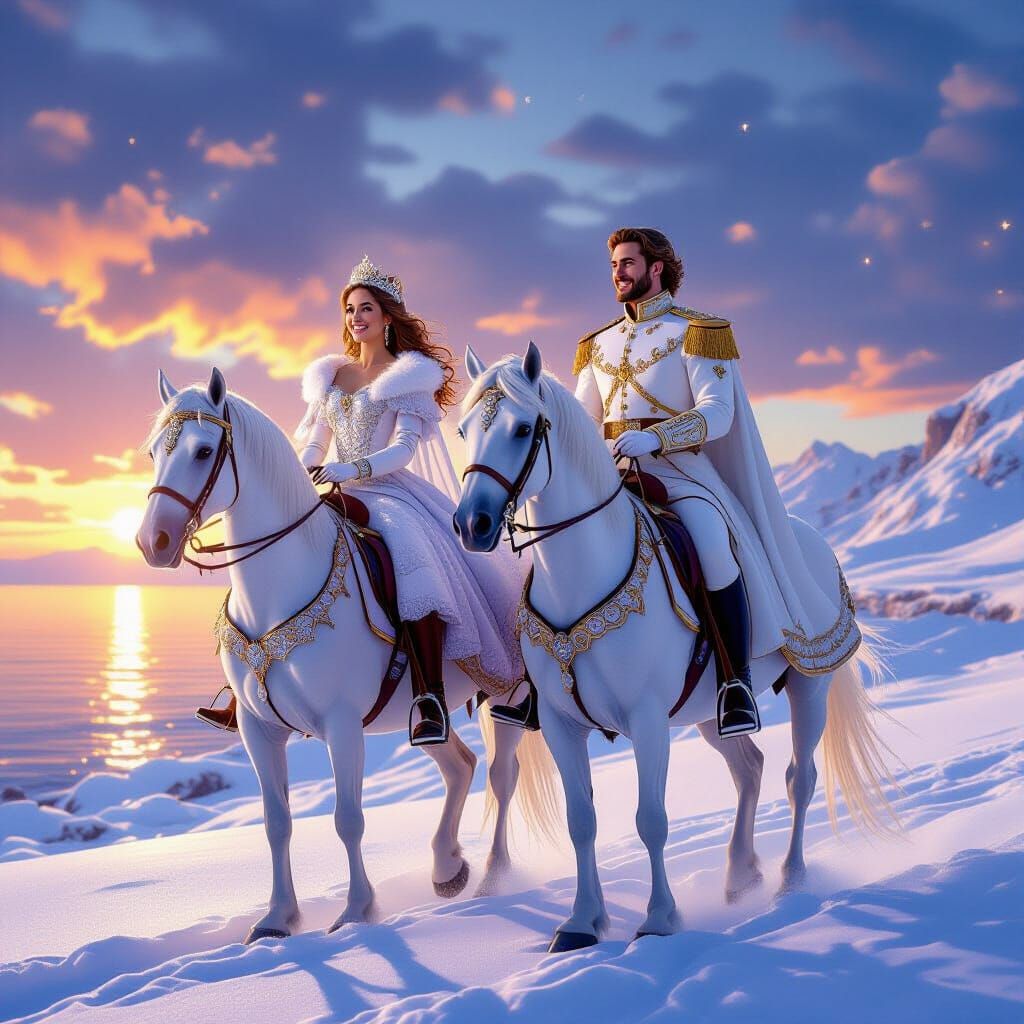 Princess and Prince Ride White Horses in Snow