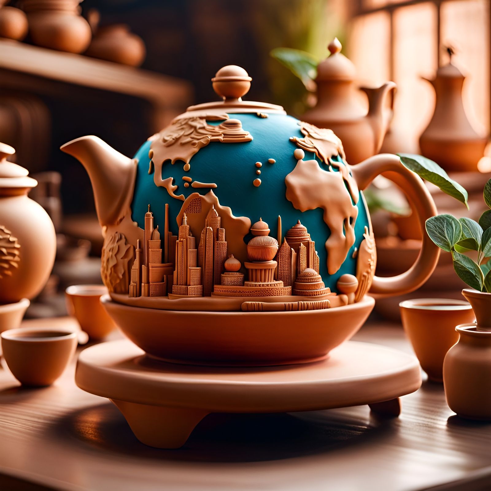 Clay Miniature World in a Teapot Globe