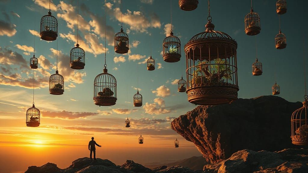 Surreal Floating Worlds with Gravity-Defying Cages