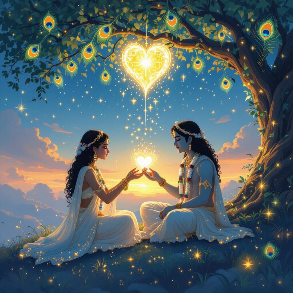 Girl Reaching Krishna's Heart Under Luminous Tree