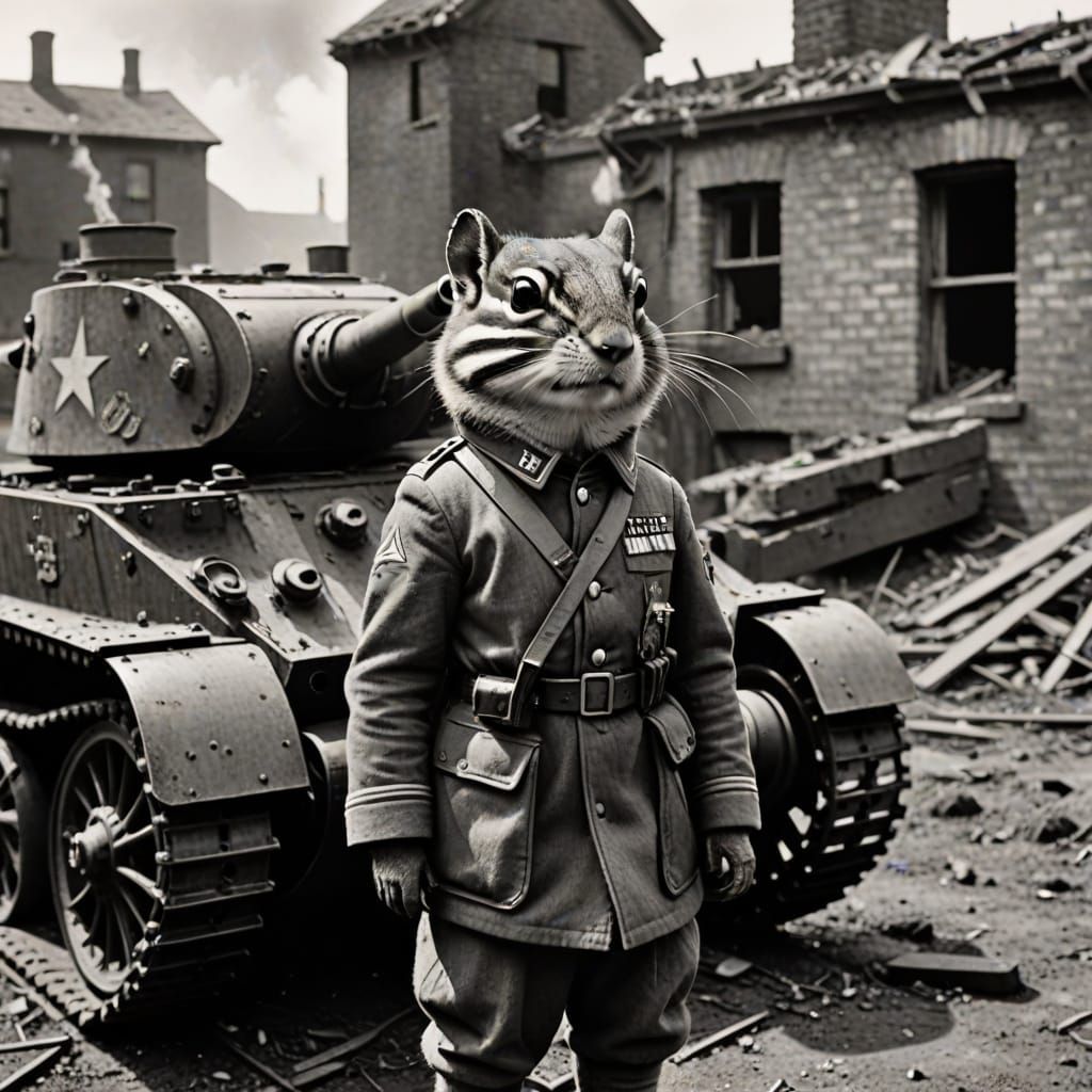 Chipmunk in WWI Pilot Uniform Stands Beside Smoldering Tank ...