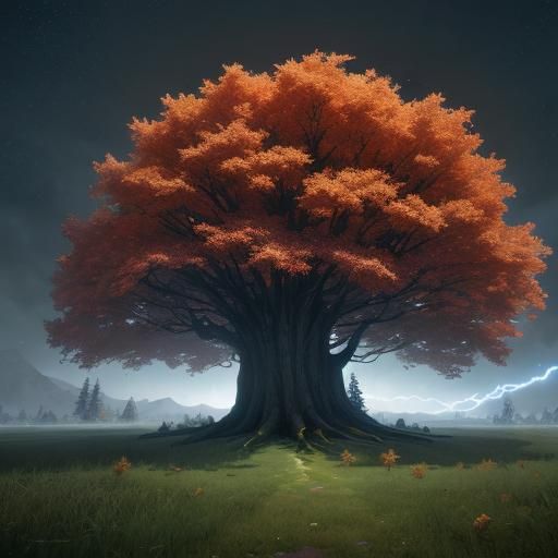Giant White Leaf Maple Tree in Lightning Storm