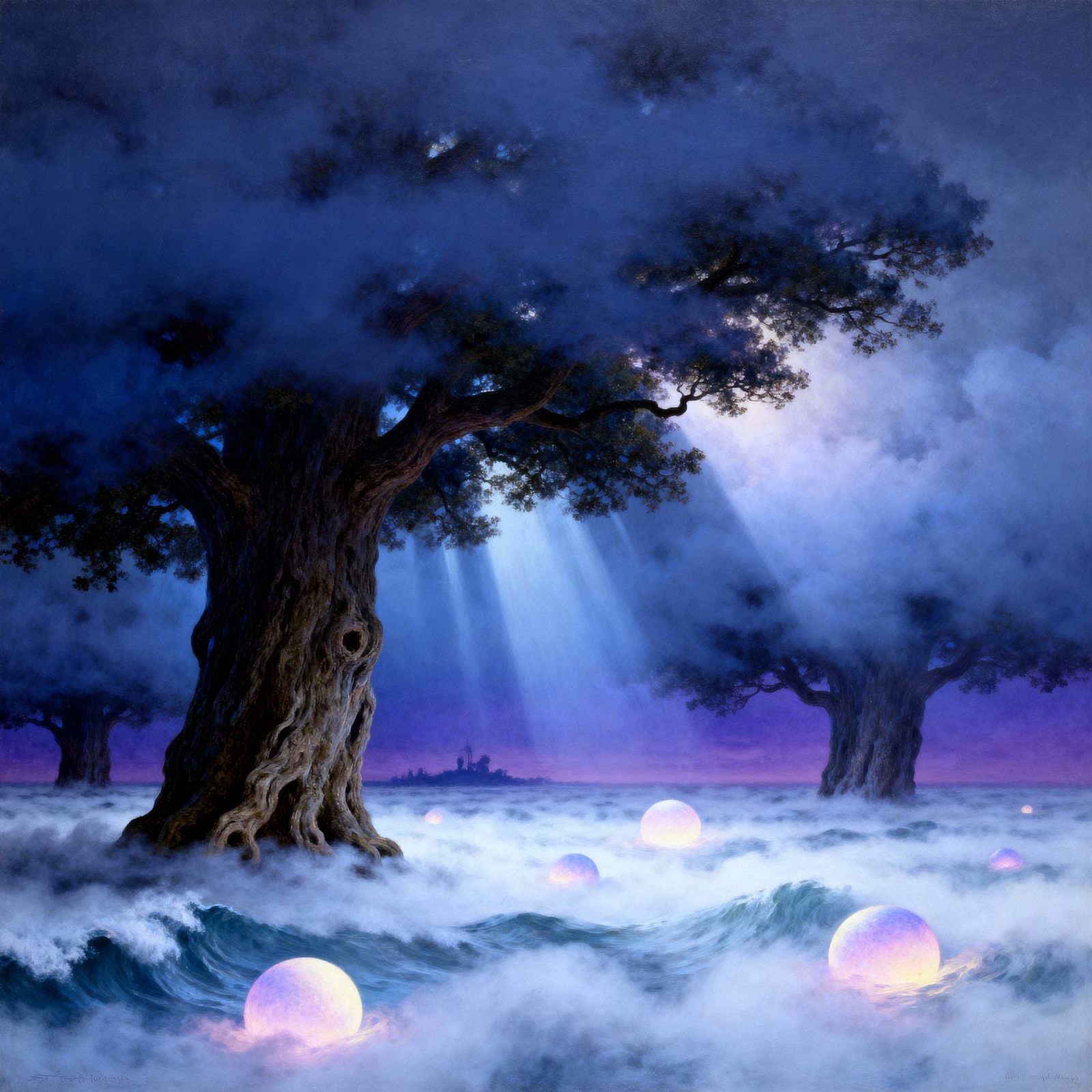 Surreal Fog Ocean Landscape with Ancient Trees and Glowing O...