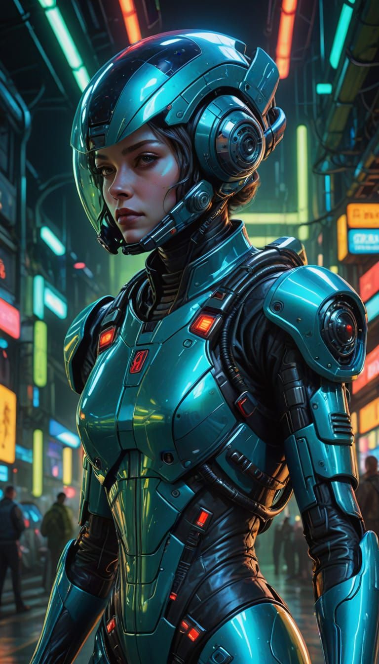 Cyberpunk Alien Goddess in Shimmering Blue Spacesuit