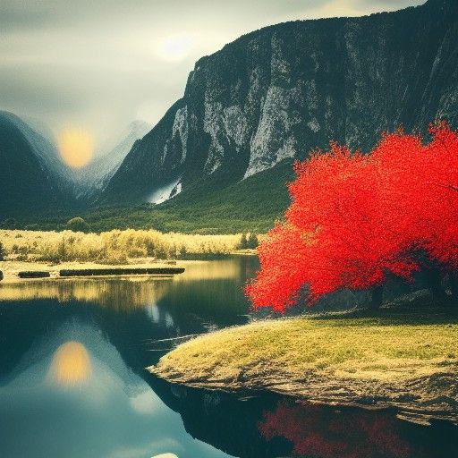Glowing Red Tree Amidst Thunderstorms in Lake