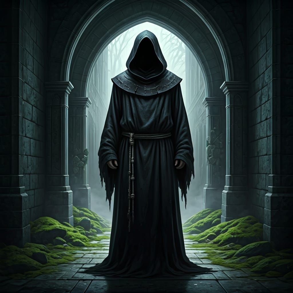 Mysterious Monk in Decayed Underdark Archway