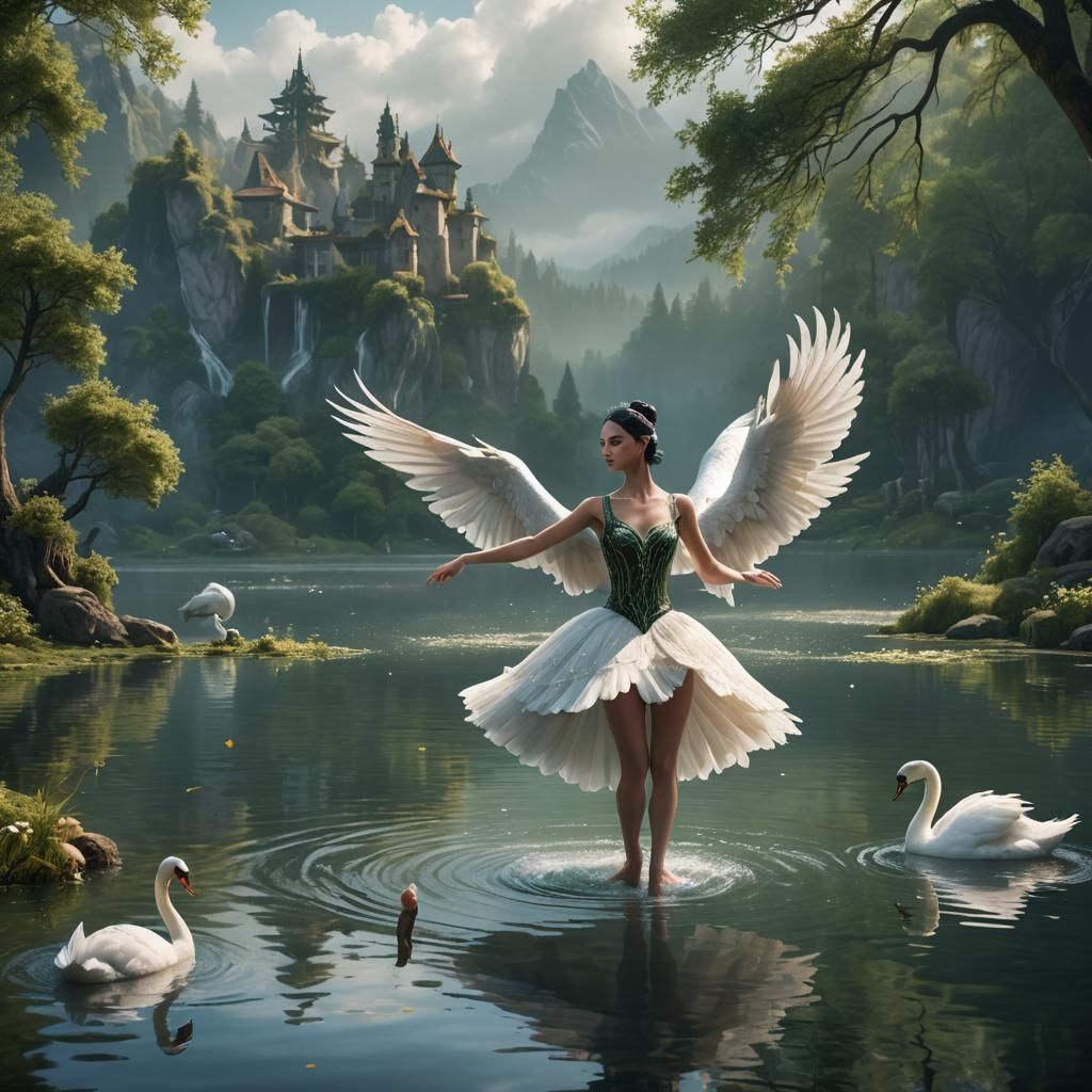Ballerina and Swan on Lake: Fantasy Art