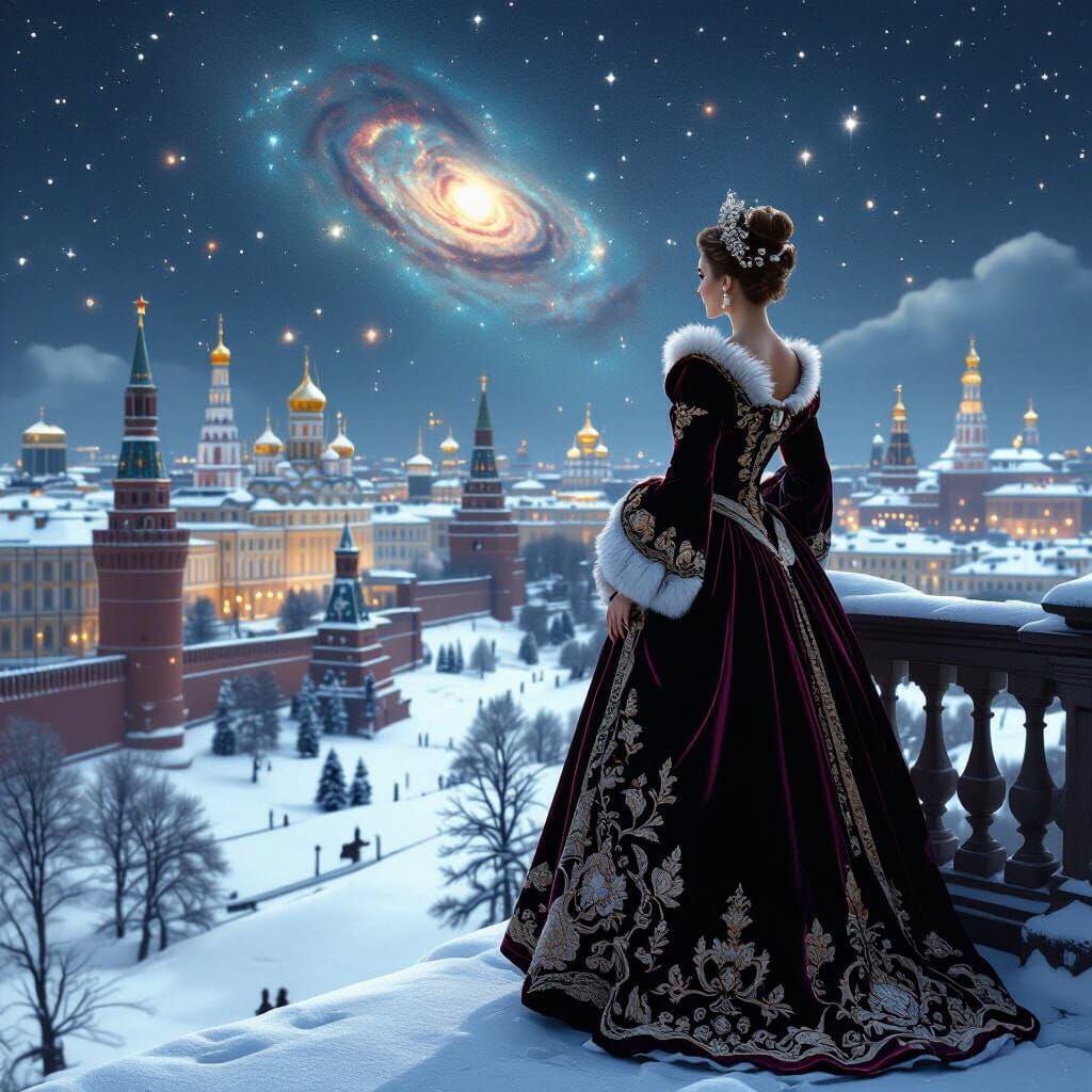 Regal Tsarina Gazes at Nebula Over Snow Moscow