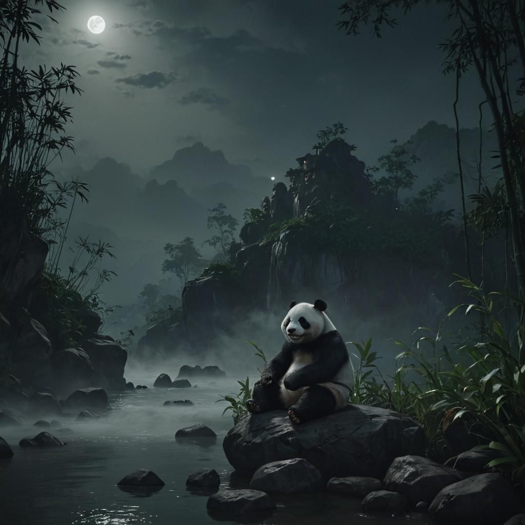 Panda King in Misty River at Night: Hyperrealistic