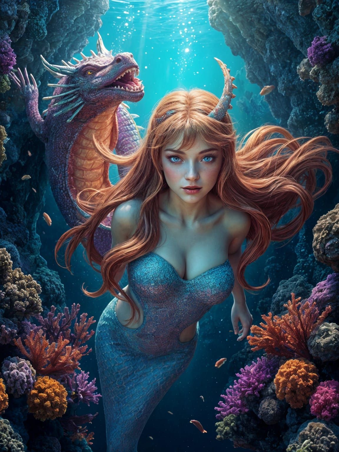 Bioluminescent Mermaid in Coral Reef Art