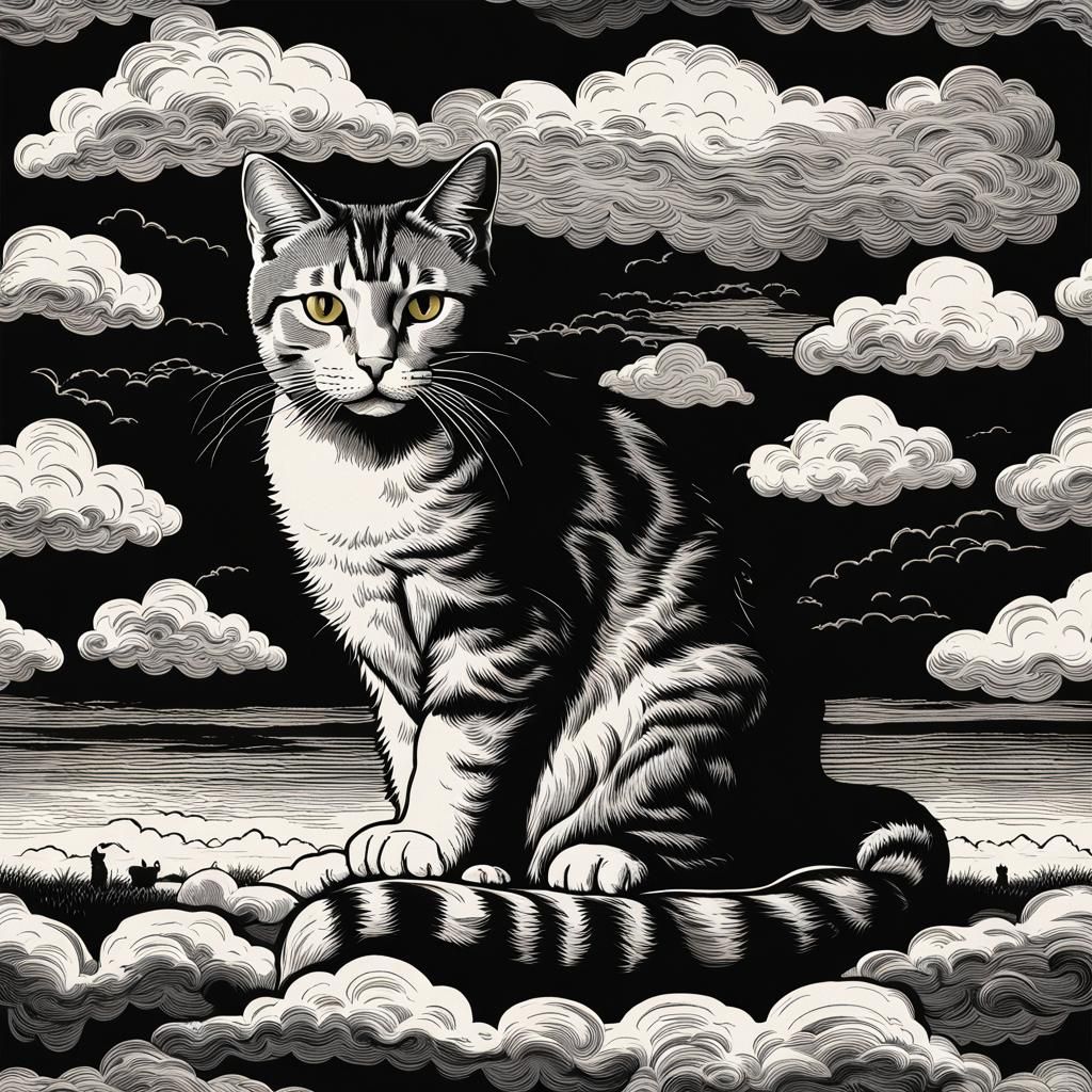 Tabby Cat in 18th Century Lithographic Style