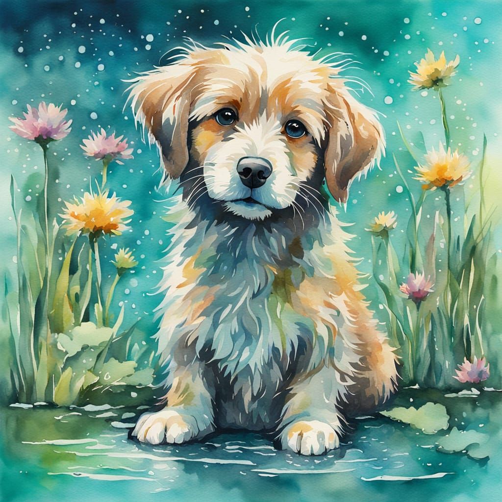 Whimsical Watercolor Puppy in a Surreal Pond