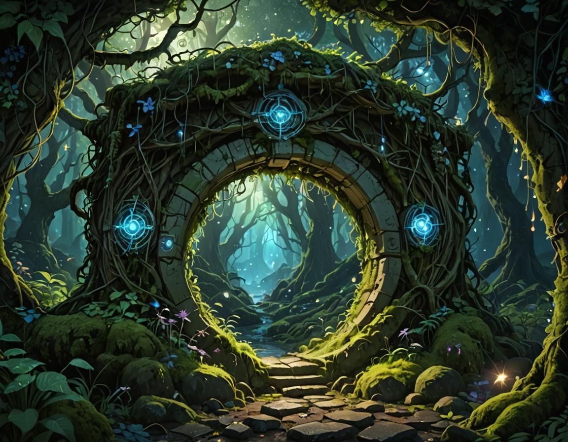 Magical Fae Portal in Bioluminescent Forest