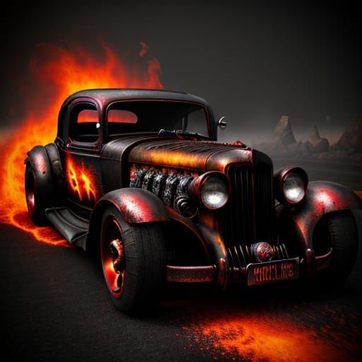 Steampunk Hotrod in Fiery Mist with God Rays