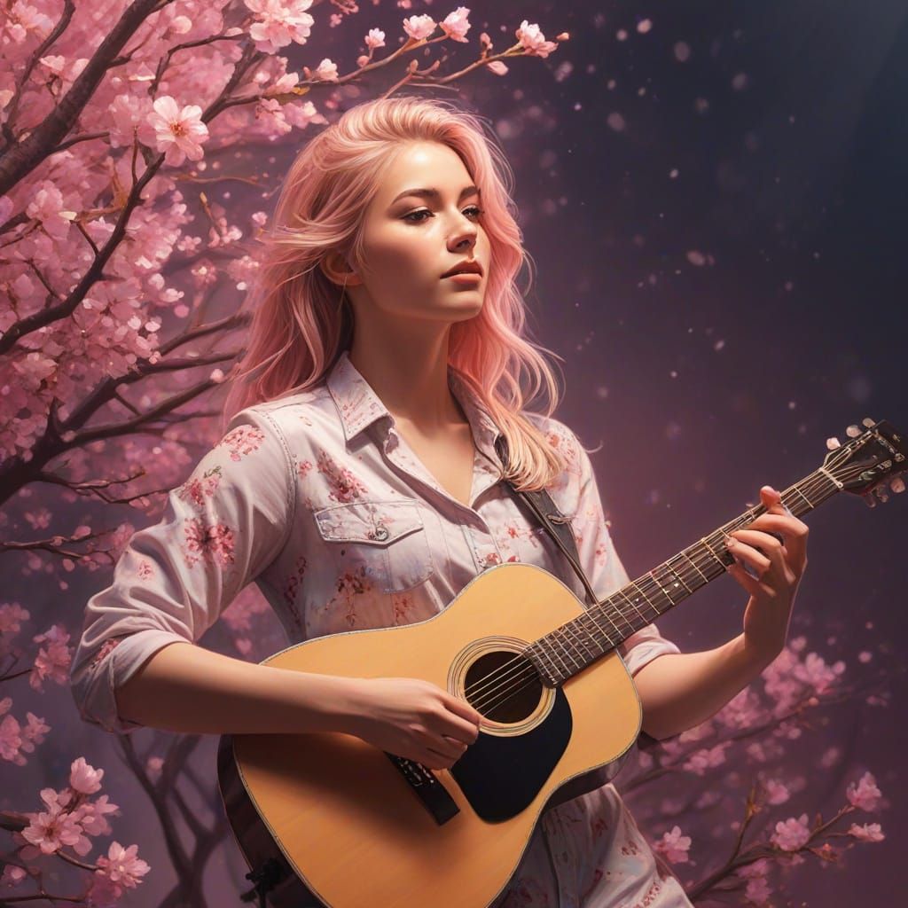 Pop Art Woman with Guitar in Blossoms