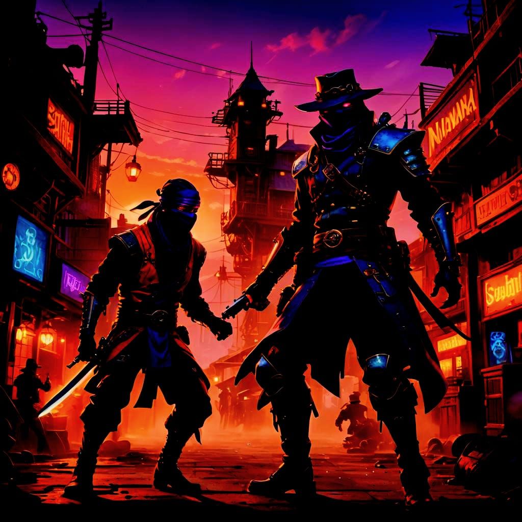 Ninja vs Cowboy in Detailed Matte Painting