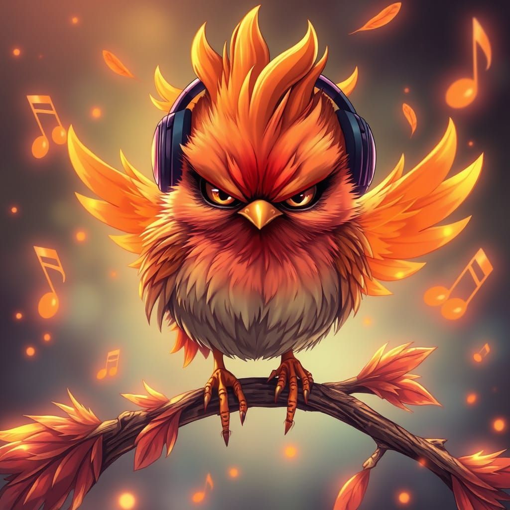 A grumpy chick with oversized headphones, shimmering eyes an...