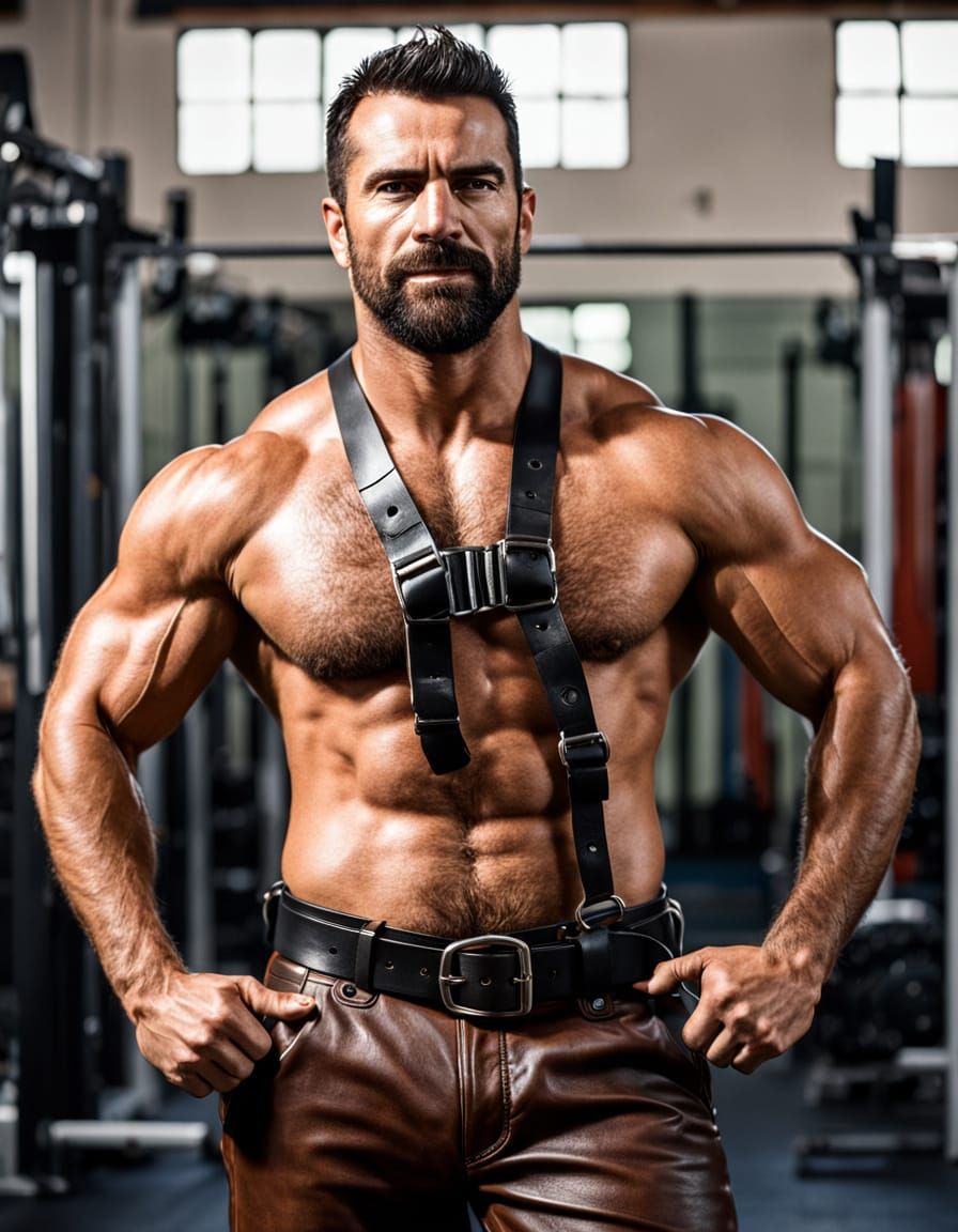 Muscular Leather Daddy in Gym