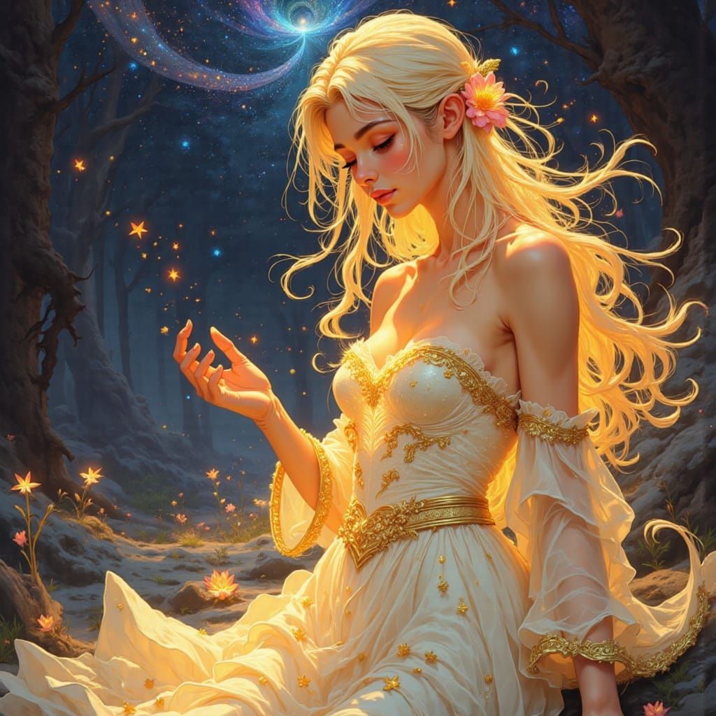 Fantasy Woman with Cosmic Star Hair in Painterly Style