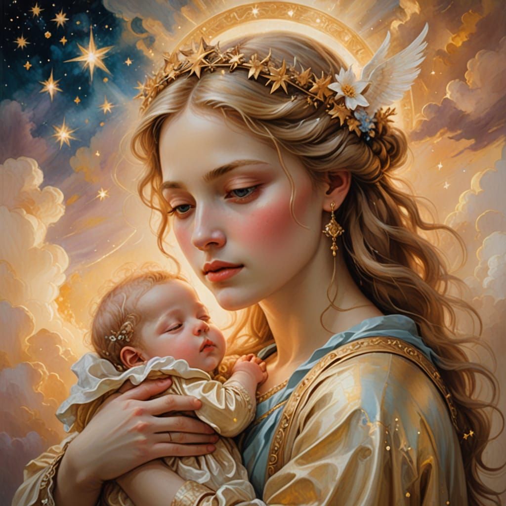 Celestial Mother Cradles Shimmering Star Child