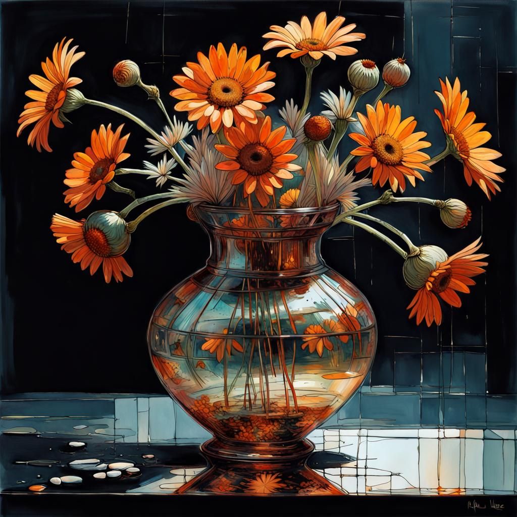 Metallic Daisies in Glass Vase, Dark Fantasy Art