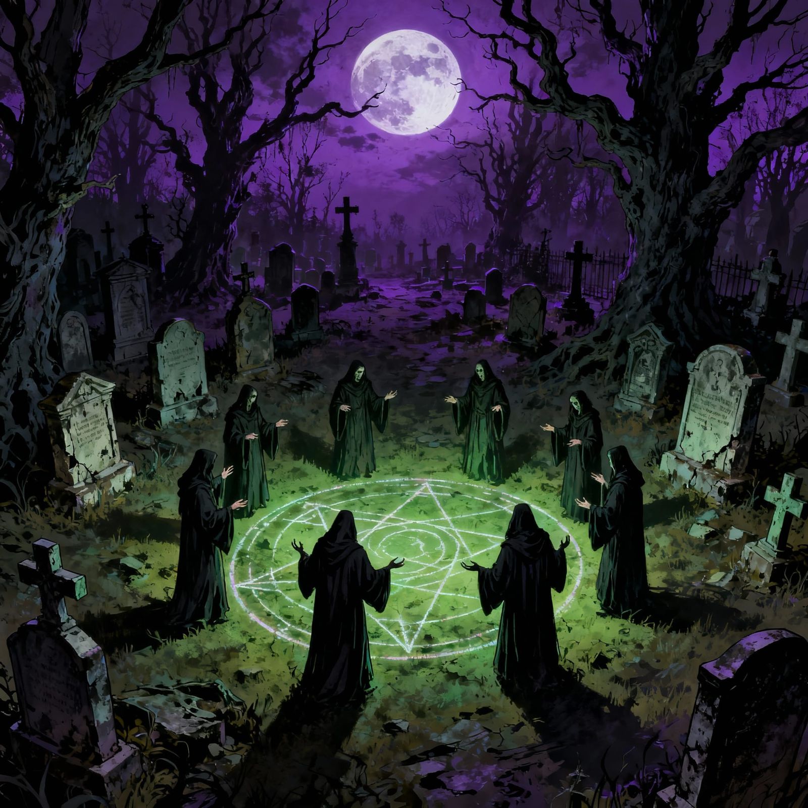 Satanic Ritual in Moonlit Cemetery, Gothic Horror Style