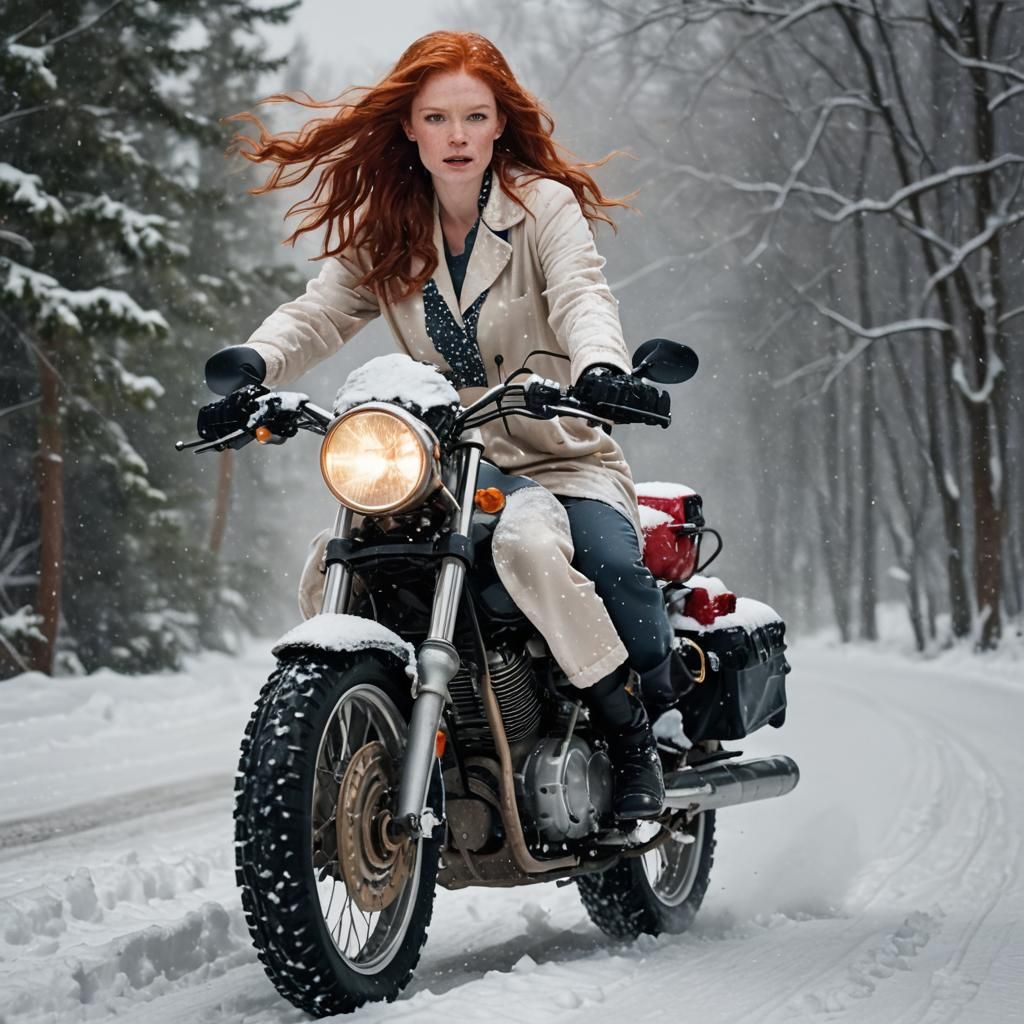 Redhead on Motorcycle Through Snow