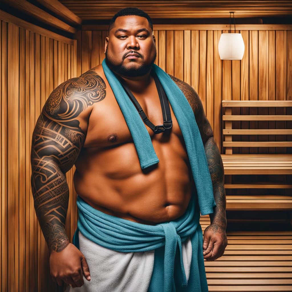 Samoan Man with Tattoos in Sauna