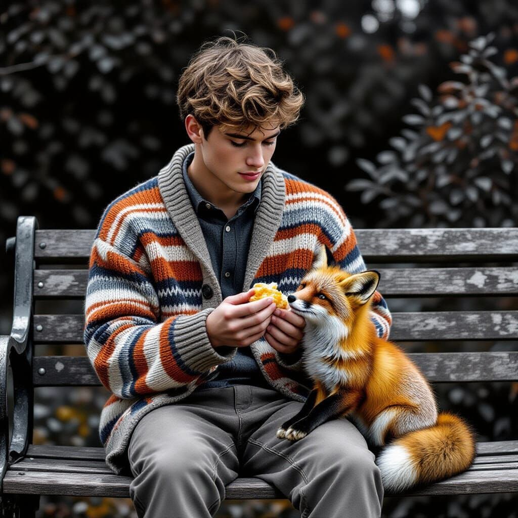 Man Feeding Foxes in a Monochrome Garden