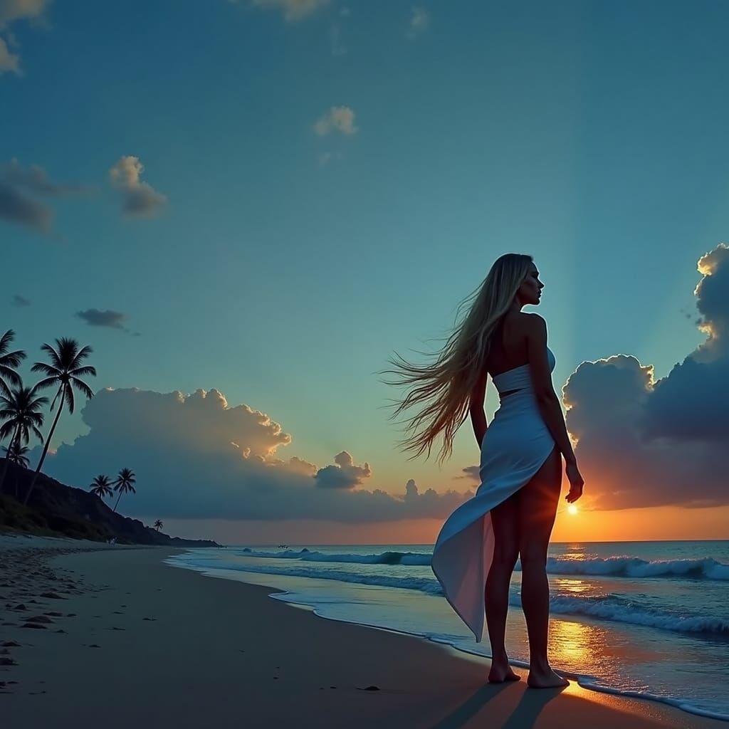 Blonde Woman on Beach with Art Nouveau Flair