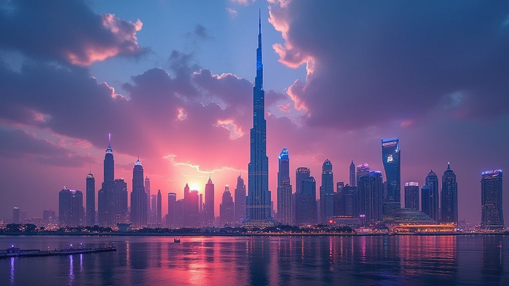 Dubai Skyline at Sunset with Blue Illumination