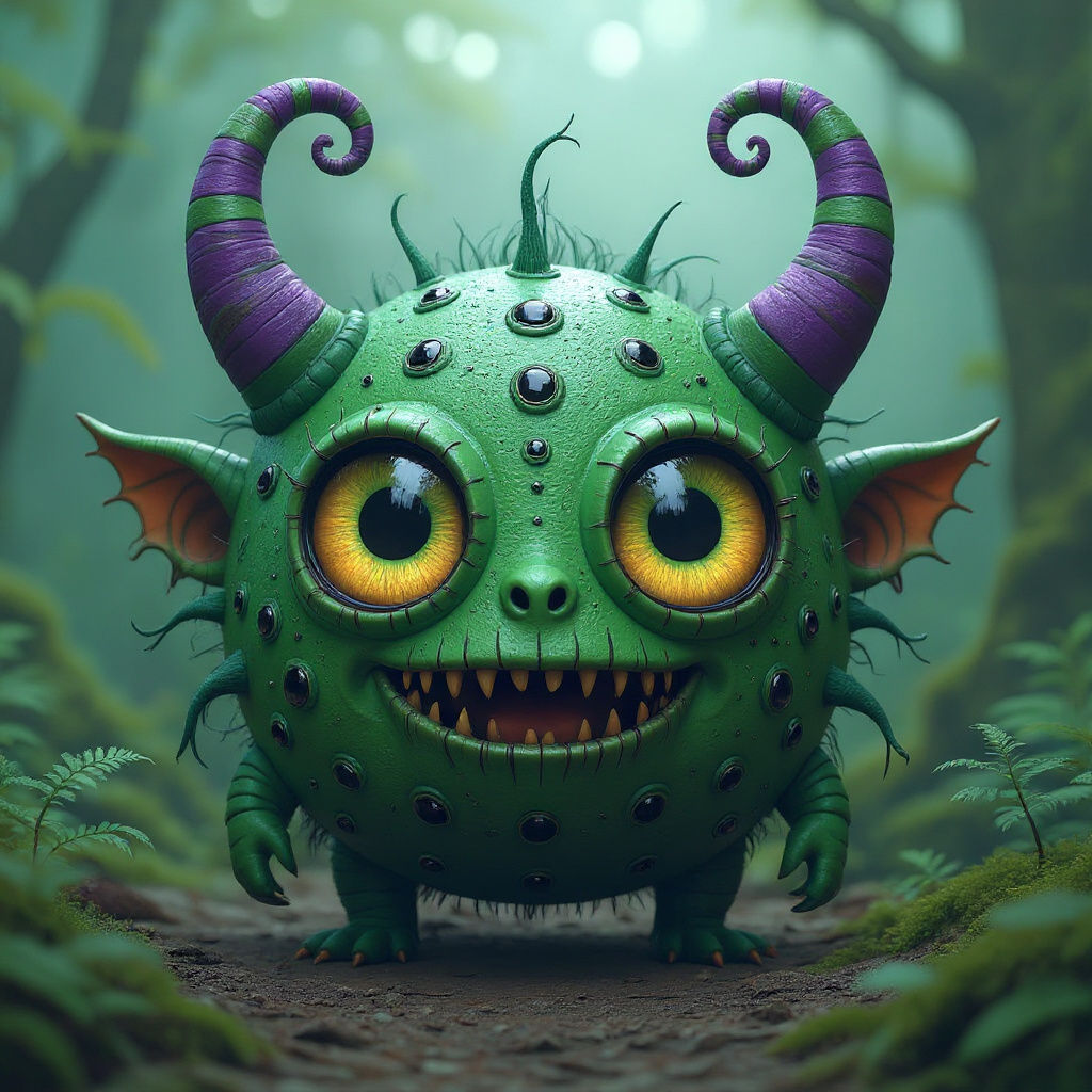 Eerie Green Monster with Violet Horns in Burton Style