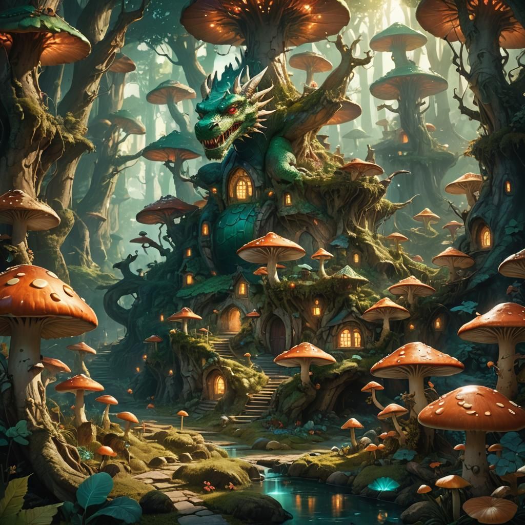 Glowing Dragon Village in Mushroom Forest