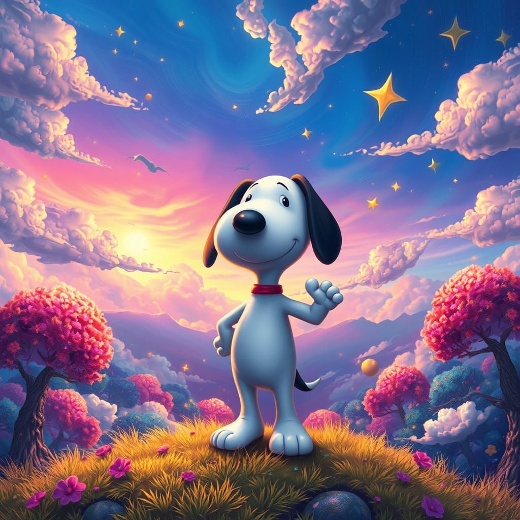 Snoopy in Vibrant Whimsical Dreamscape